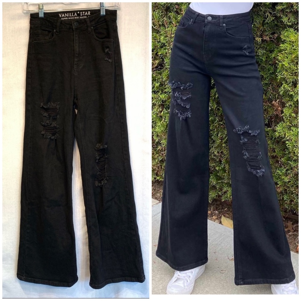 Vanilla Star Hilary Wide leg distressed Black Jeans Size 1 High Rise Flared - Picture 1 of 11